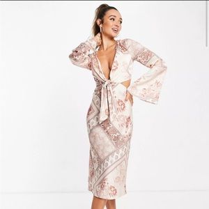 ASOS DESIGN tie front satin midi dress with flared sleeves and cut out side